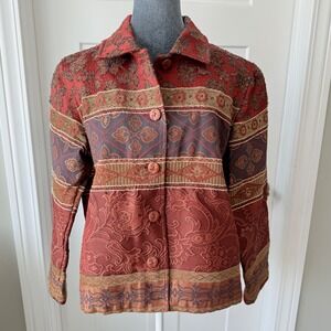 Vintage Coldwater Creek Womens Tapestry Jacket Boho Rust Button Front Size M